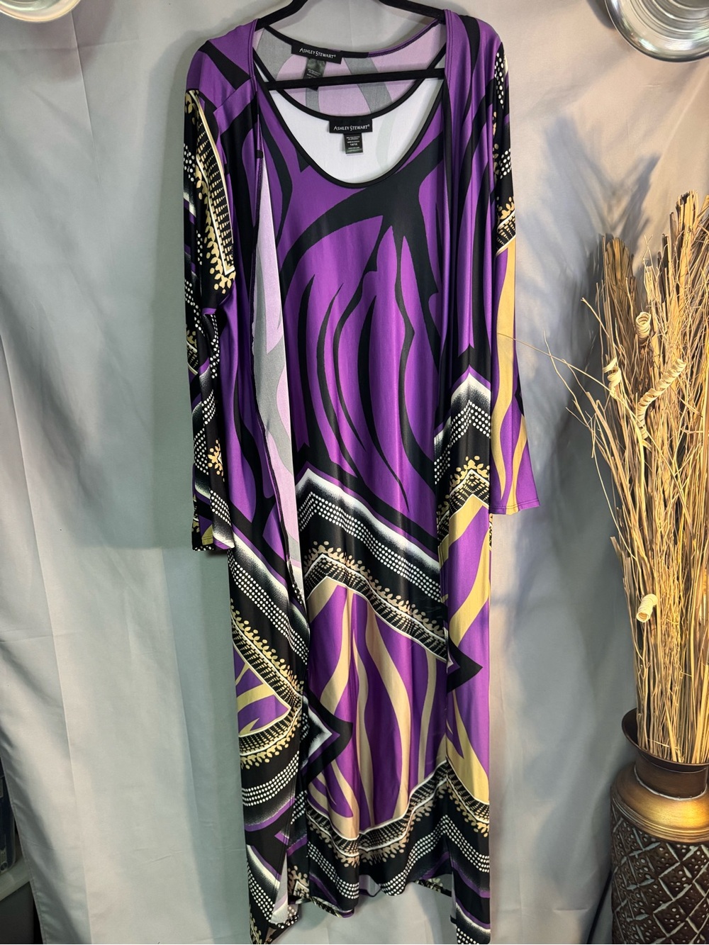 Alfred Dunner Purple Black Cream Geometric Maxi Dress 2 piece